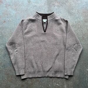 LL Bean Mens Large Merino Lambswool 1/4 Zip Sweater Oatmeal Elbow Patches 237808